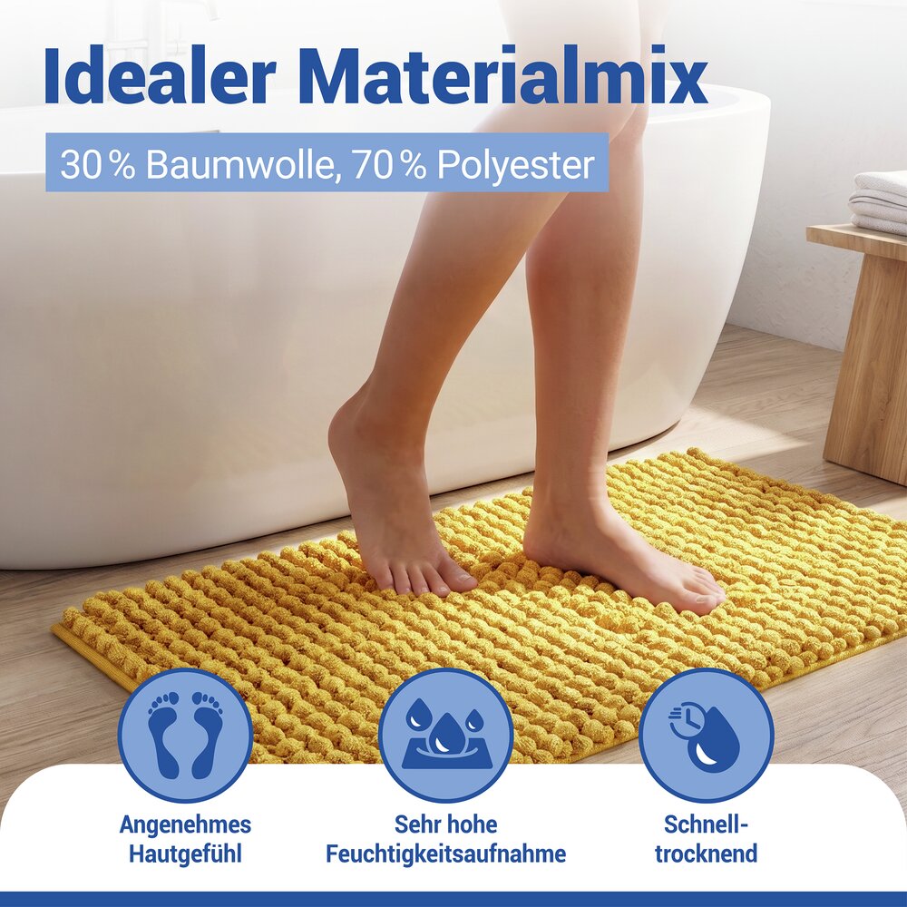 Badteppich Mod. Solivo Senfgelb, 50 x 80 cm  rutschfest und waschbar bis 30 °C