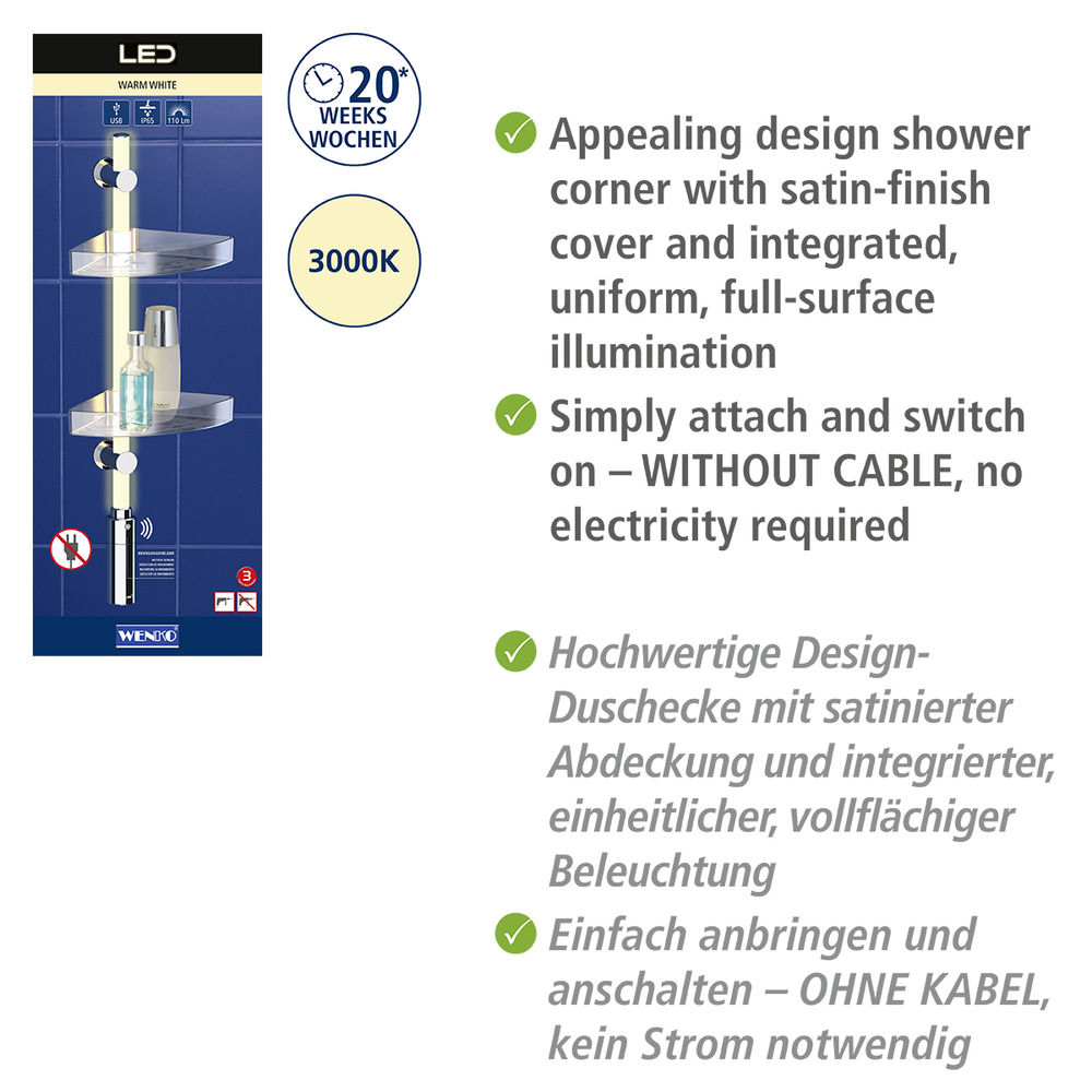 LED Duscheckregal, 74 cm  LED-Duschstange mit Bewegungsmelder und 2 Ablagen