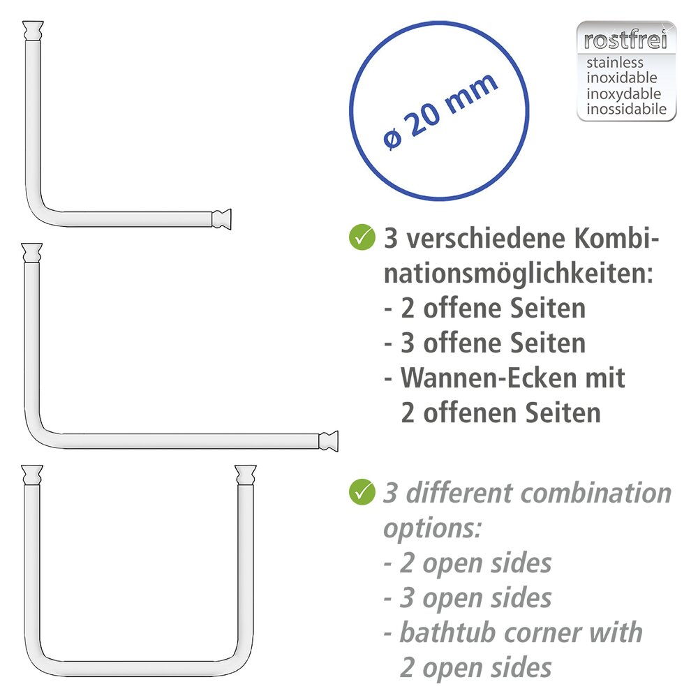 Barre de douche angle, tringle de rideau de douche, universel blanc, aluminium inox, Ø 2 cm  aluminium, Ø 2 cm,adaptable en forme et en longueur
