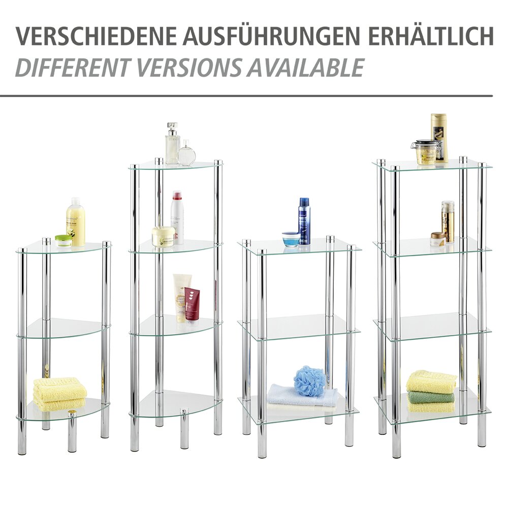 Eckregal Mod. Yago mit 3 Glasablagen  aus Edelstahl und Sicherheitsglas