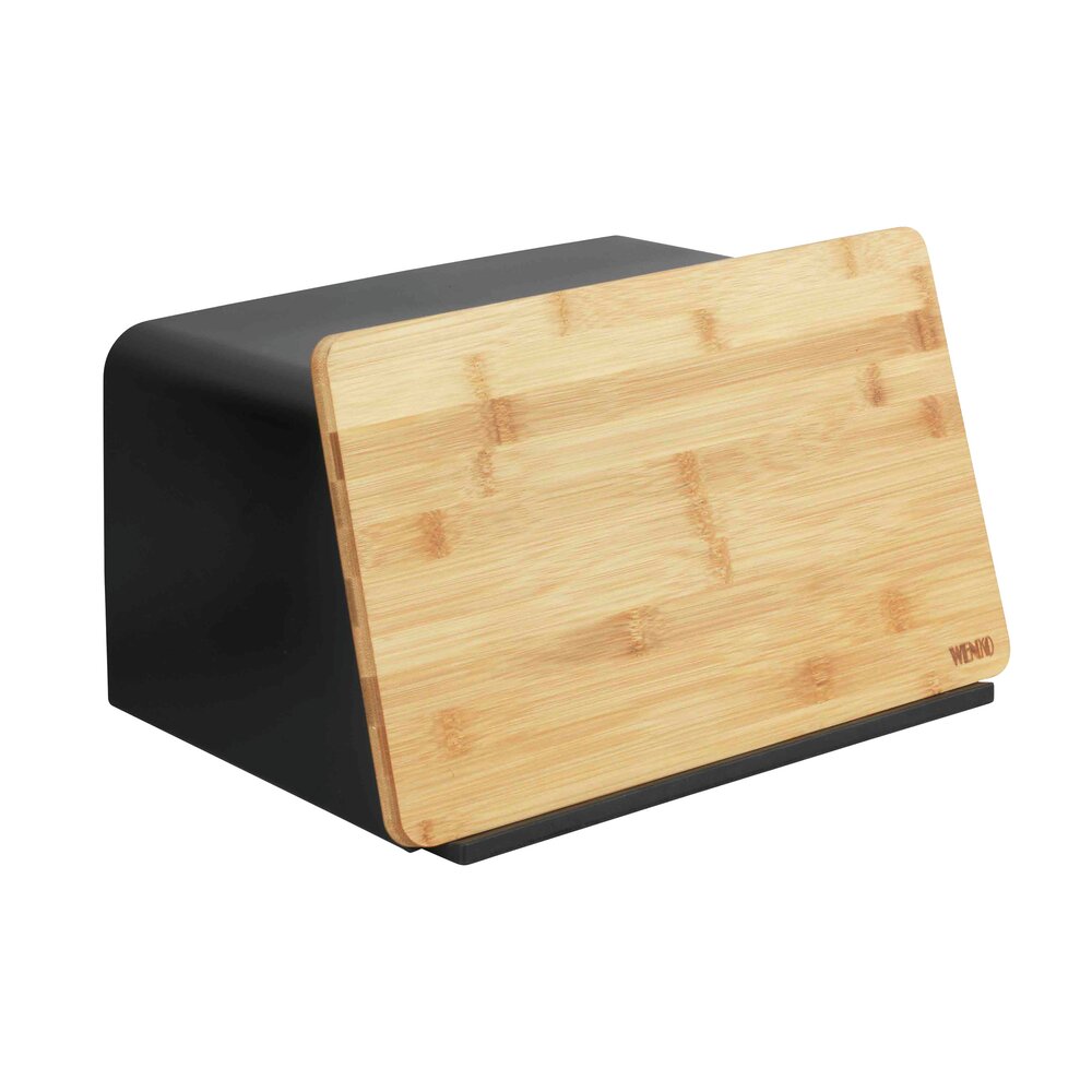 Brotkasten mit Schneidebrett Mod. Kubo, Schwarz  mit Bambusdeckel und Belüftungslöchern