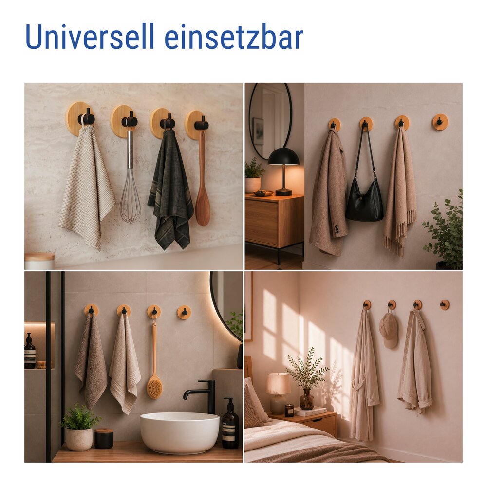 Crochets adhésifs en bambou, lot de 4  crochets muraux sans perçage
