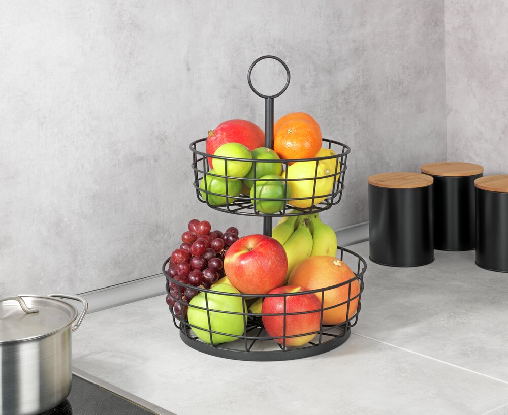 Obst Etagere aus Metall, 2-stöckig, Schwarz  mit 2 Drahtkörben