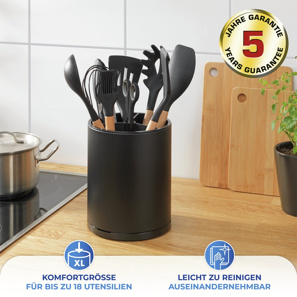 Porte-ustensiles Mod. Premium XL, Noir  pour jusqu'à 18 ustensiles de cuisine