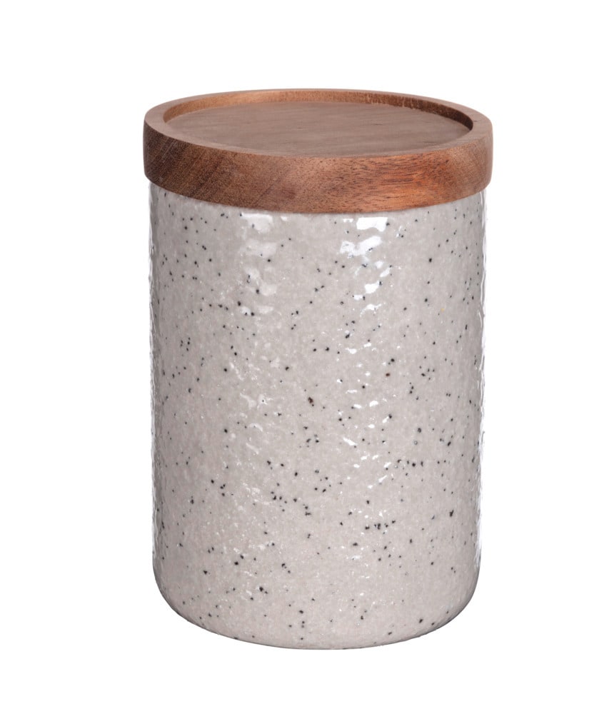 Aufbewahrungsdose Mod. FLINT, grau/natur, Keramik, Akazienholz, 0.6L, Ø10x15cm  mit Holzdeckel und Silikondichtung