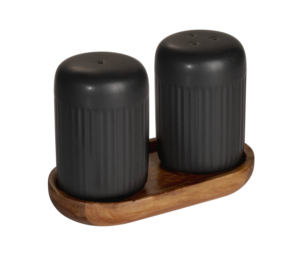 Salière et poivrière Mod. Refia, noir, céramique, bois d'acacia, 2x75ml  avec plateau en bois FSC