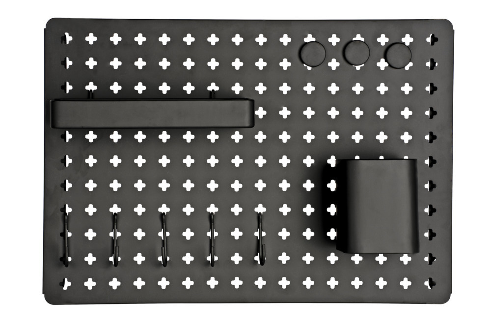 Schwarzer Wand-Organizer mit 3 Magneten, 5 Haken und 2 Behältern  schwarz