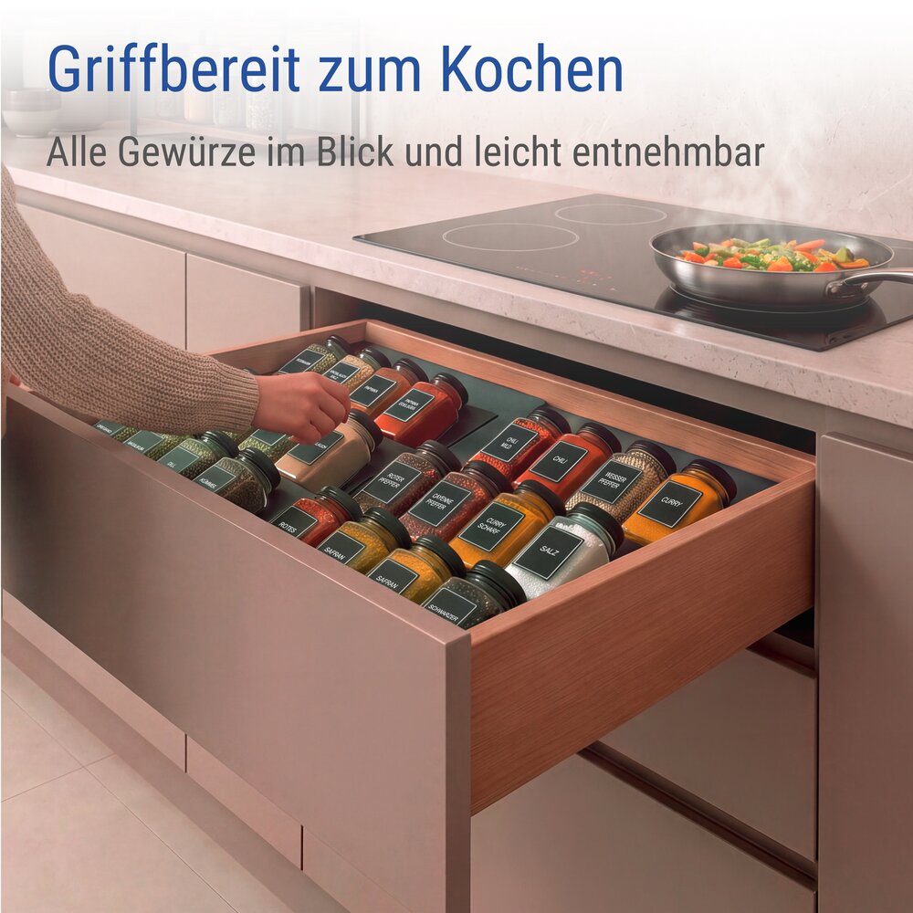 Gewürzregal Schublade mit 24 Gewürzgläsern, Schwarz  ausziehbarer Gewürz Organizer für Schubladen