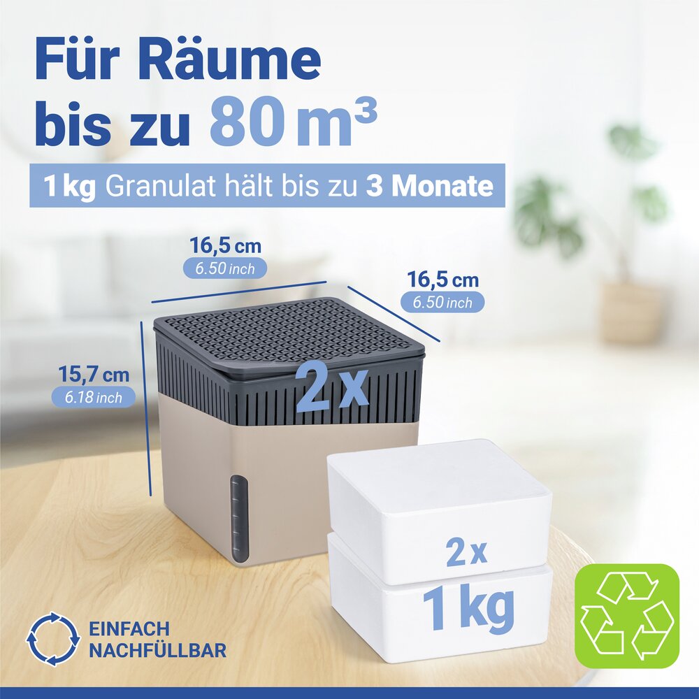 Raumentfeuchter Mod. Cube Beige 1000 g, 2er Set  beugt Schimmel und Gerüchen vor