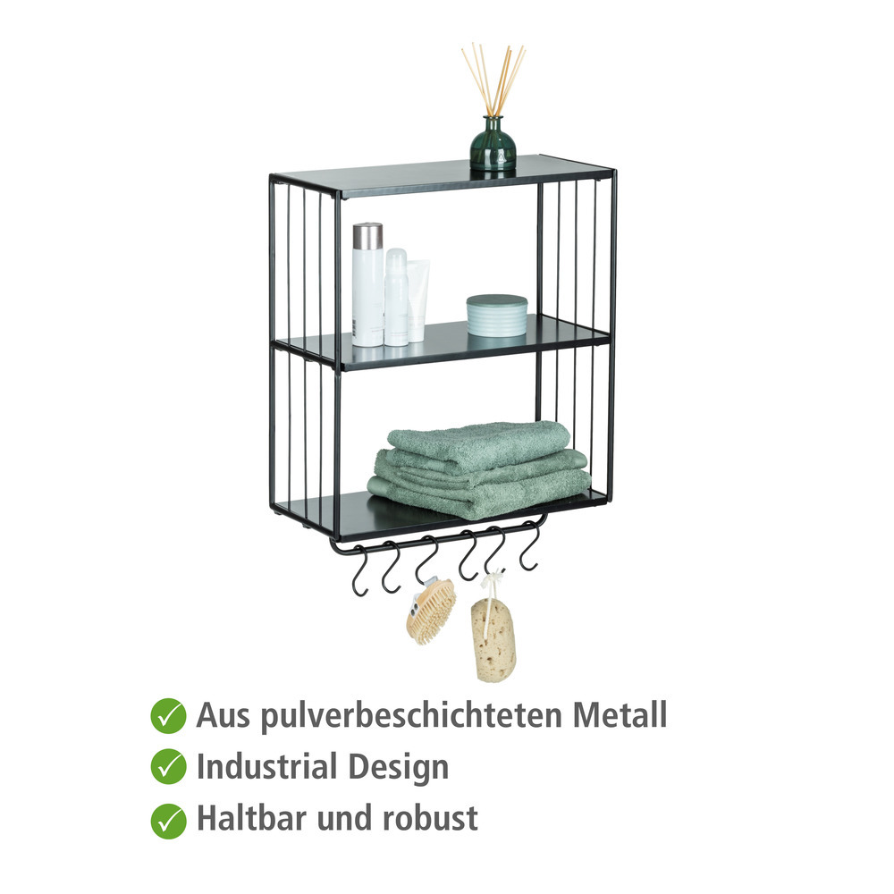 Wandregal Mod. Industrial-Design in MDF und Metall über 3 Etagen mit Hakenleiste  Wohnregal mit 3 Etagen und Hakenleiste