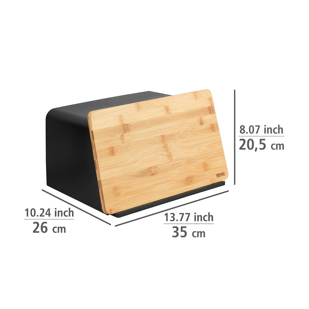 Boîte à pain avec planche à découper Mod. Kubo, Noir  avec couvercle en bambou et trous d'aération