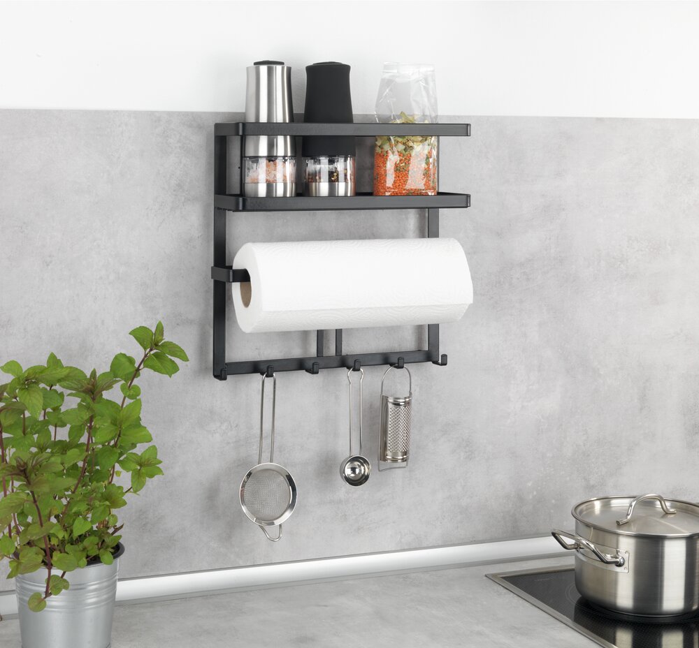 Etagère Cuisine multifonction Gala, Etagère métal noir avec distributeur sopalin mural et crochets suspension ustensiles de cuisine  avec porte-rouleau de cuisine & tringle, 6 crochets inclus