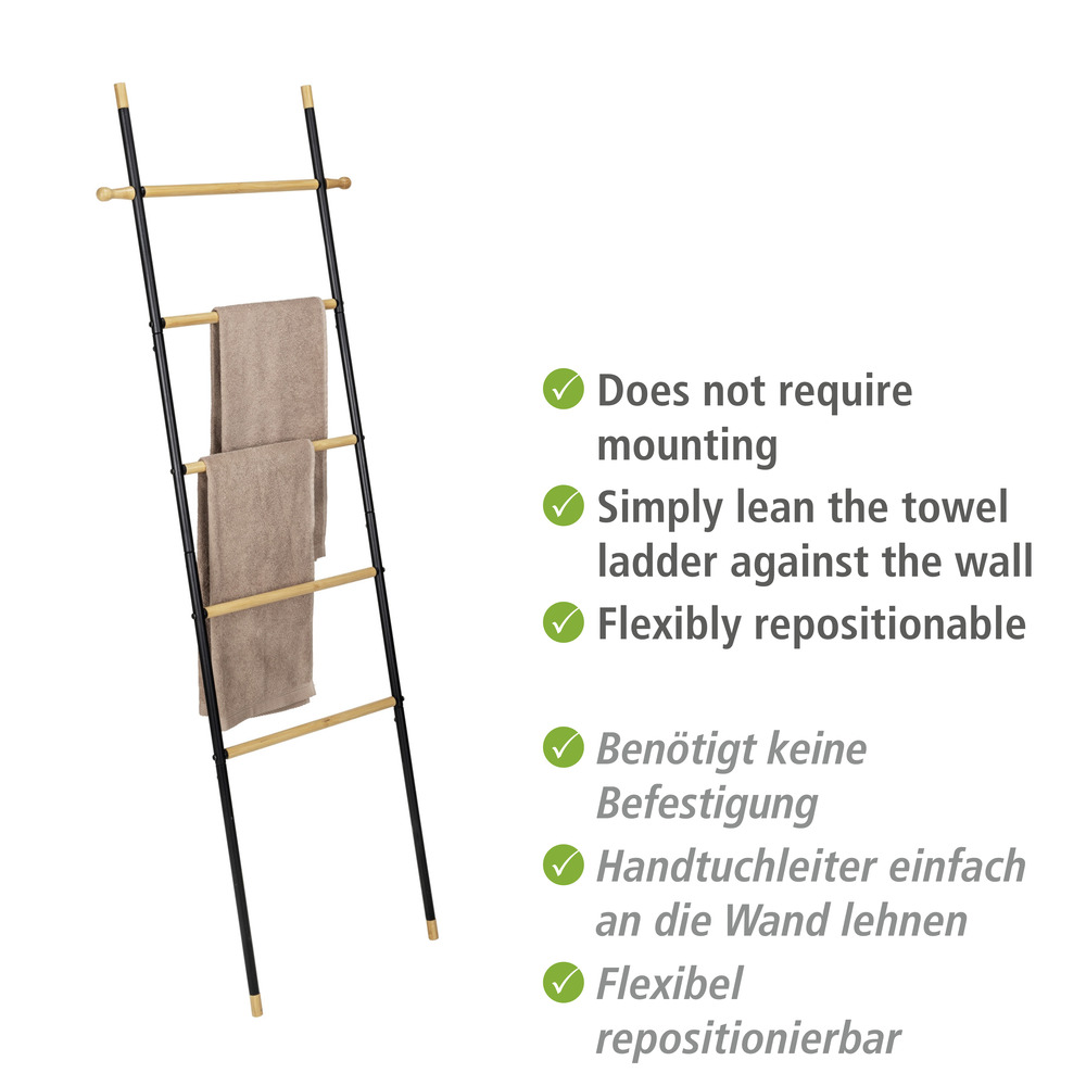 Handtuchleiter mit Haken Mod. Loft  aus Stahlrohr, Sprossen aus FSC®-zertifiziertem Bambus