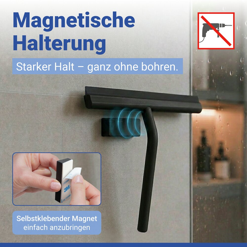 Badabzieher Mod. Agana, schwarz, Silikon, Edelstahl, magnetisch  mit magnetischer Wandhalterung