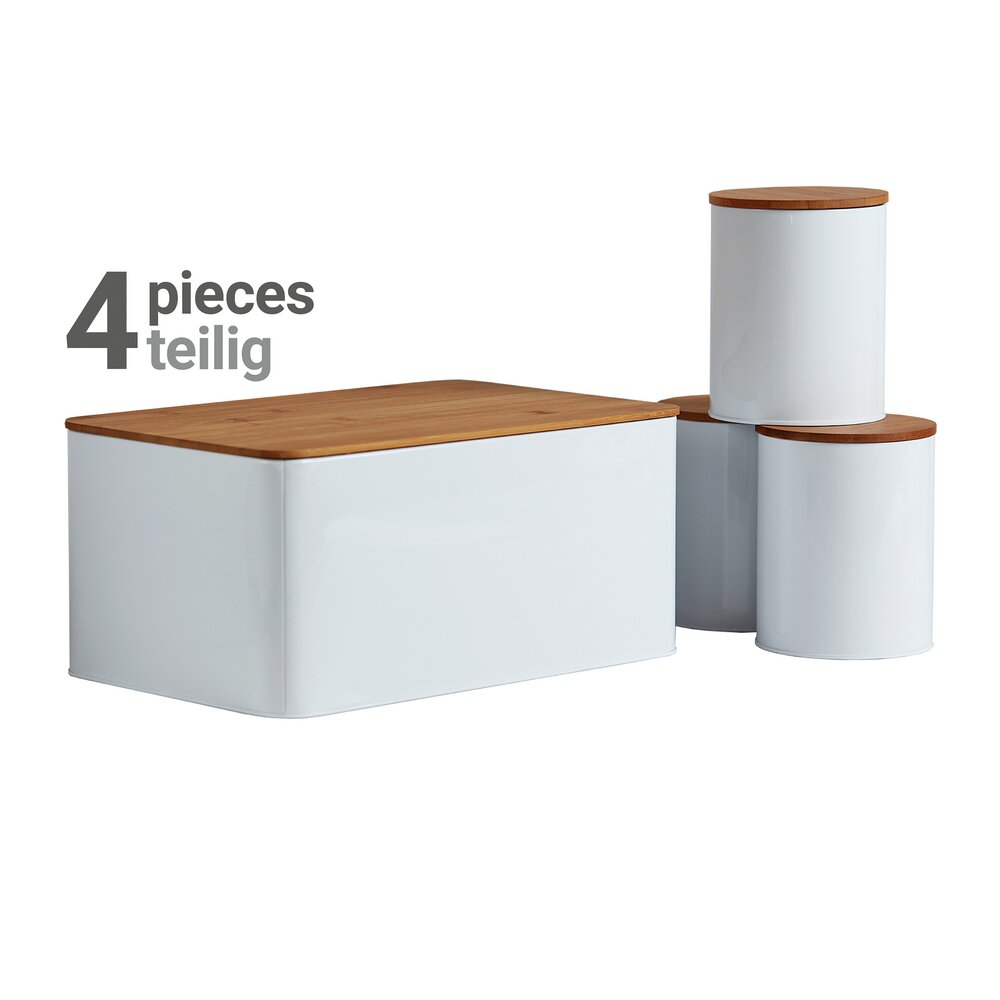 Brotkasten Set, weiß, Metall, Bambusdeckel, 32,5x21x15 cm, 3 Dosen  mit Bambusdeckel, je 1 Liter