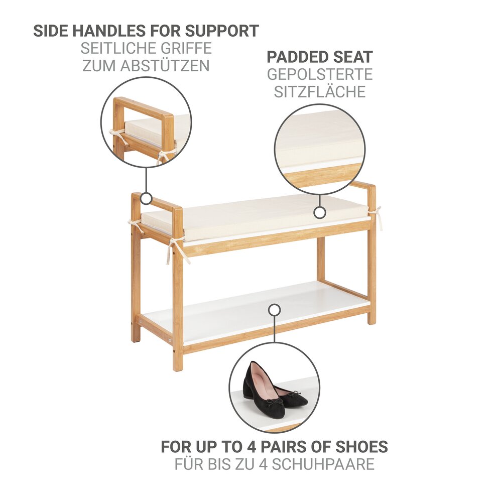 Banc à chaussures bambou, naturel/blanc, rembourrée beige, 90x55x34 cm  pour 4 paires de chaussures