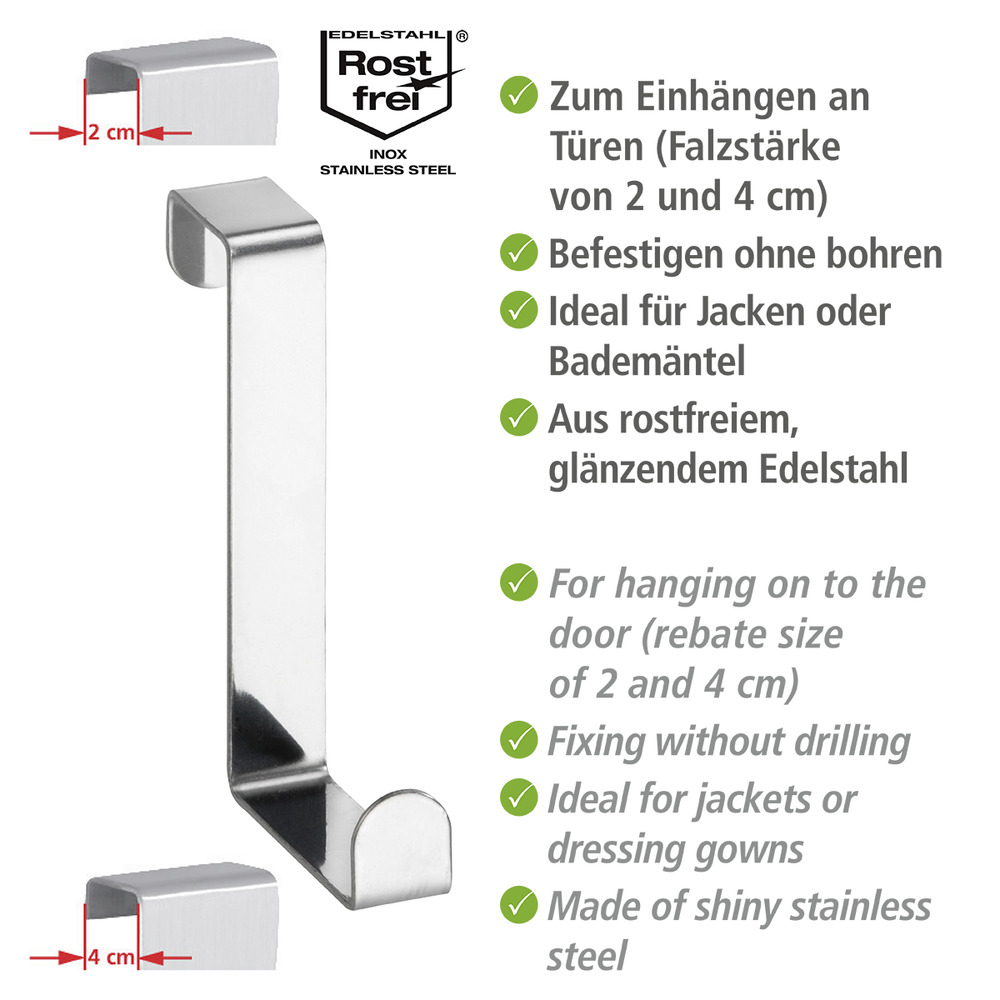 Türgarderobenhaken Edelstahl, 6er Set  für Türfälzen von 2 bis 4 cm