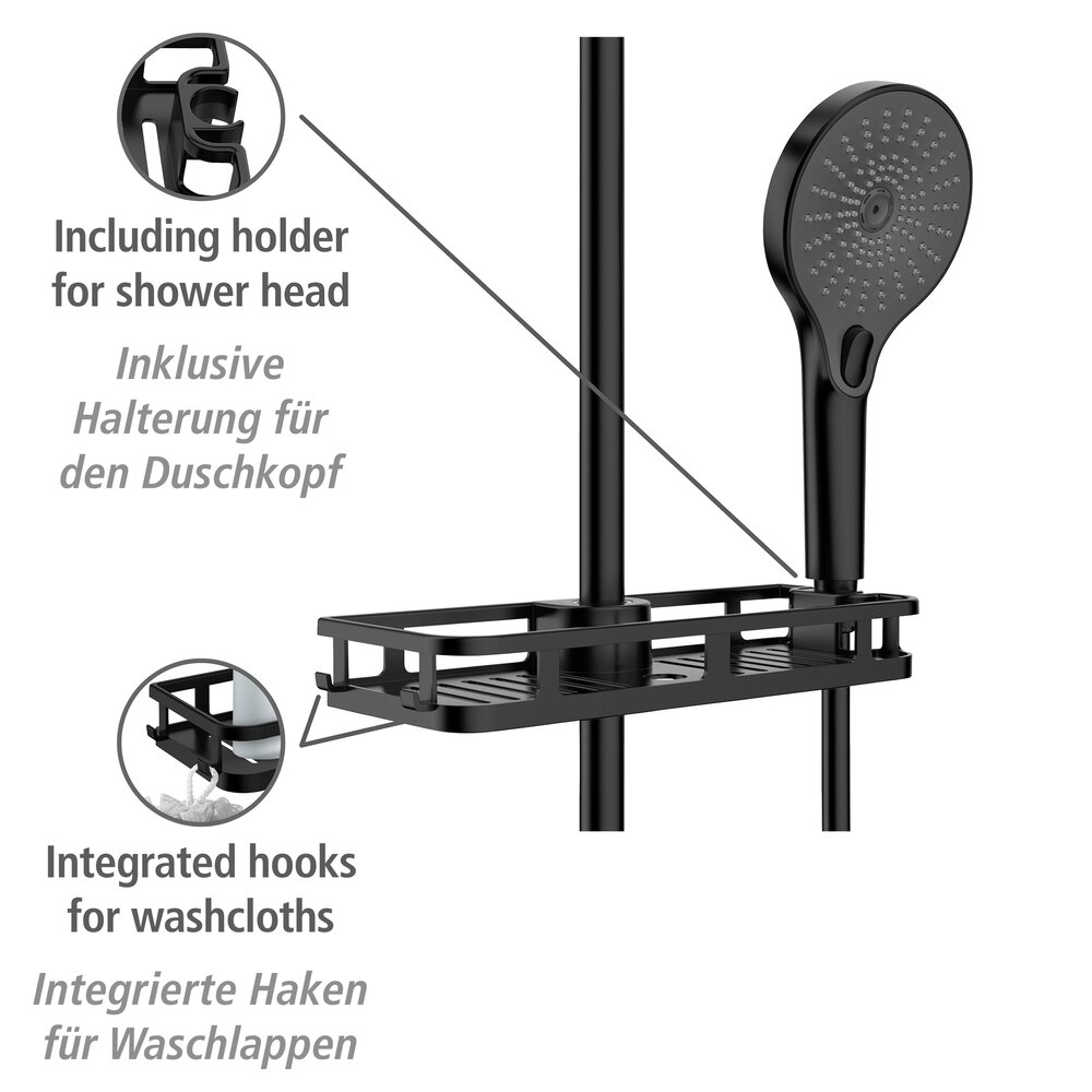Duschablage Mod. Libertà Schwarz matt  mit Haken und Duschkopfhalter