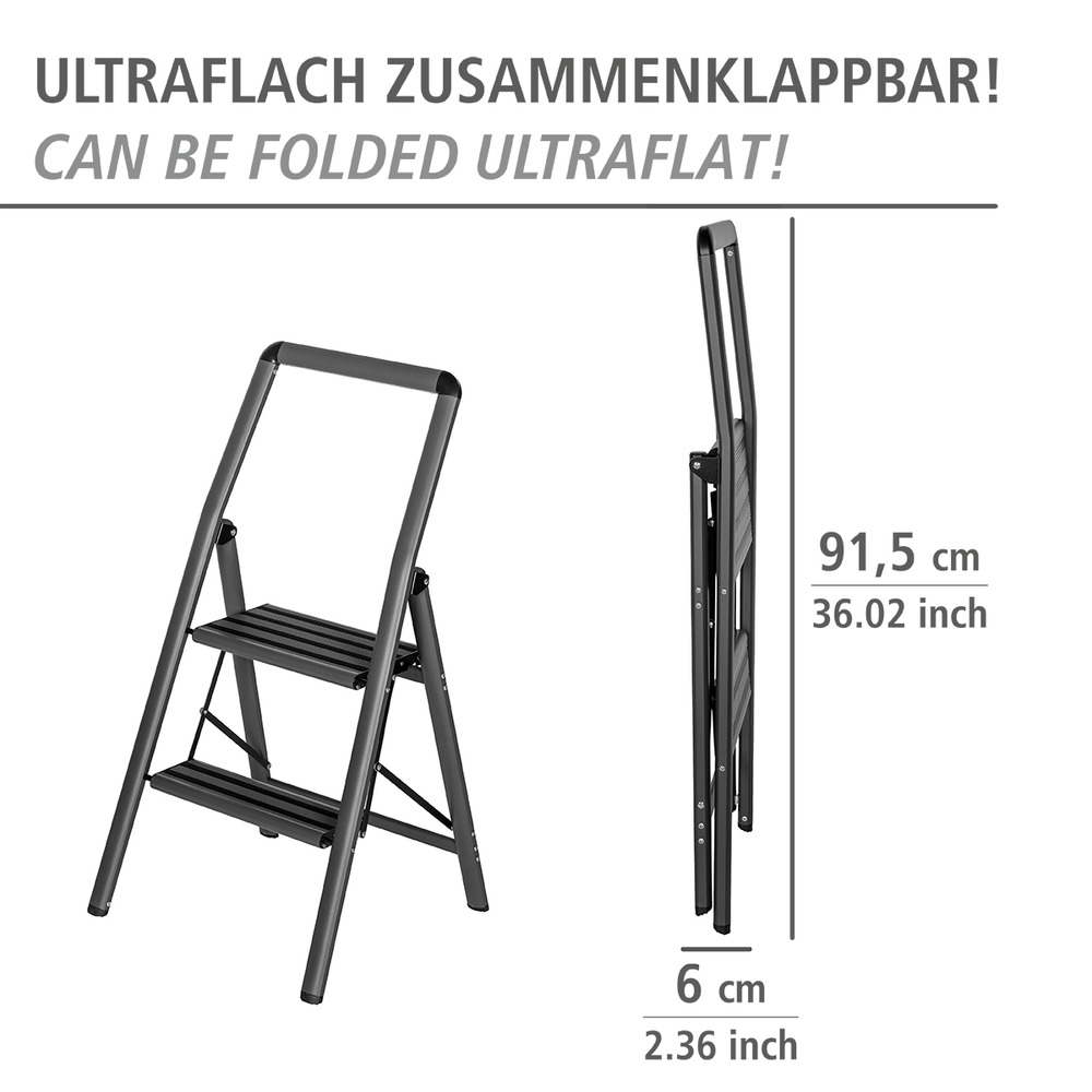 Alu-Klapptrittleiter Compact 2-stufig Dunkelgrau  leichte & rutschfeste Haushaltsleiter, Sicherheits-Stehleiter