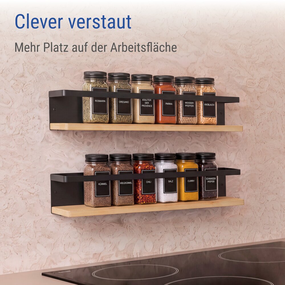 Gewürzregal für die Wand, Schwarz/Bambus, 2er Set  zum Kleben oder Bohren