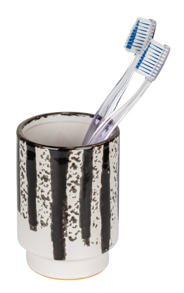 Zahnputzbecher Mod. Subiza, weiß schwarz, Keramik, Ø 8,5 cm, H 11 cm  handbemalt, ideal für Badezimmer