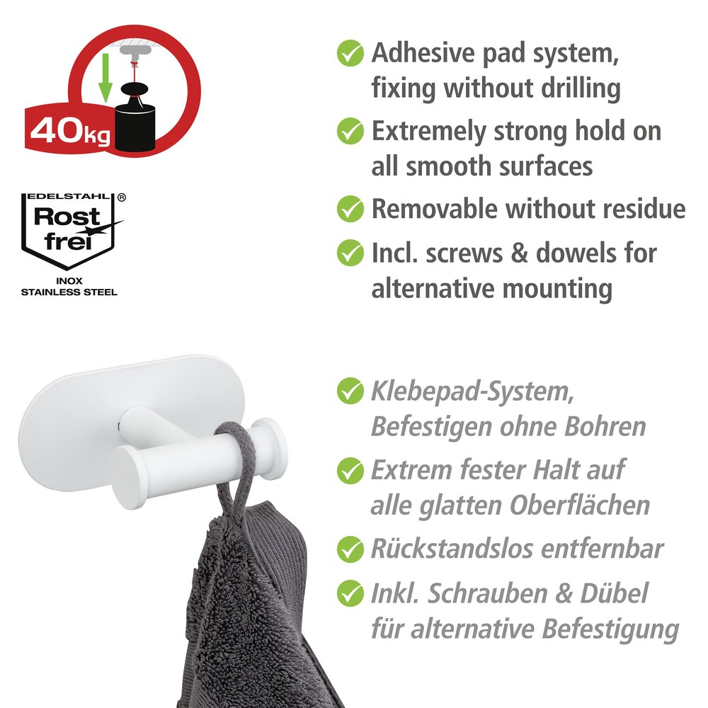 Turbo-Loc® crochet mural duo Orea blanc mat  en acier inoxydable