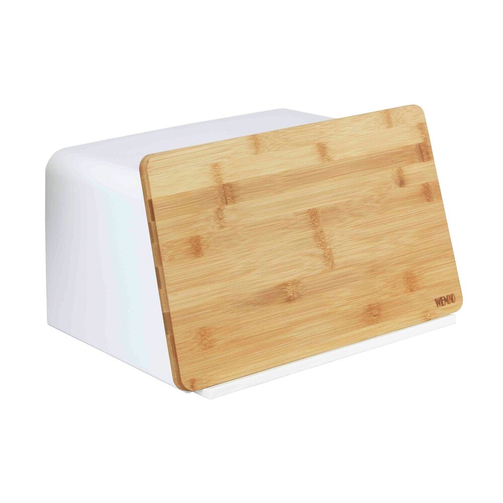 Brotkasten mit Schneidebrett Mod. Kubo, Weiß  mit Bambusdeckel und Belüftungslöchern