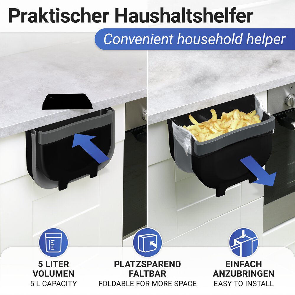 Tür-Abfalleimer Mod. Fago 5 L Schwarz  faltbarer Mülleimer für Küchenabfälle
