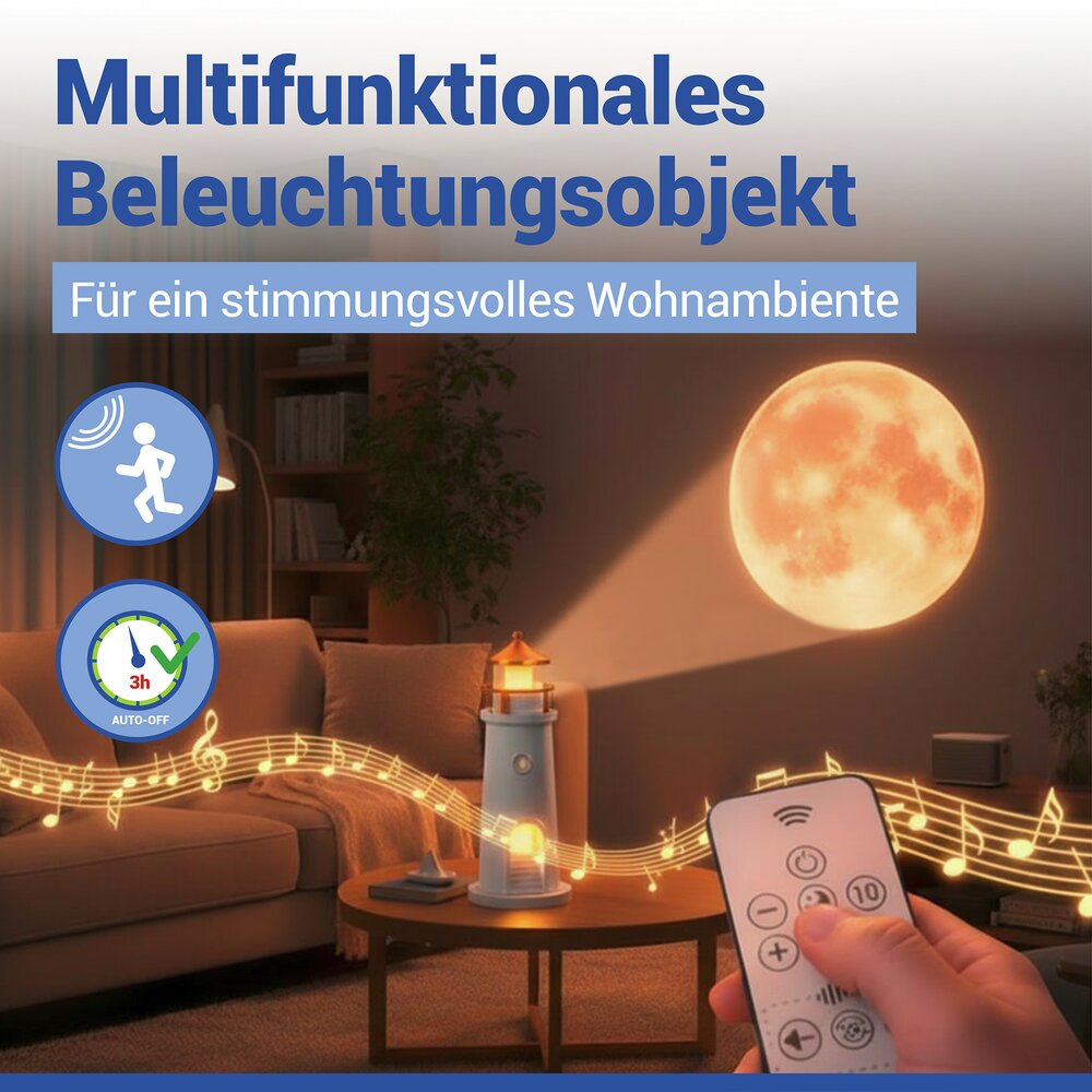 LED Nachtlicht Leuchtturm  mit Mondprojektion und Bewegungsmelder