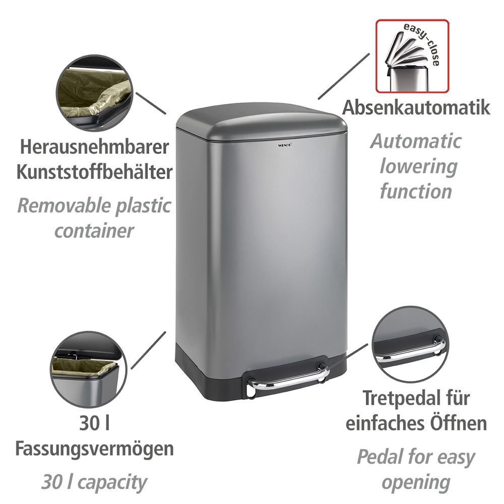 Treteimer Mod. Studio Easy-Close Grau  lackierter Stahl, Absenkautomatik, 30 Liter