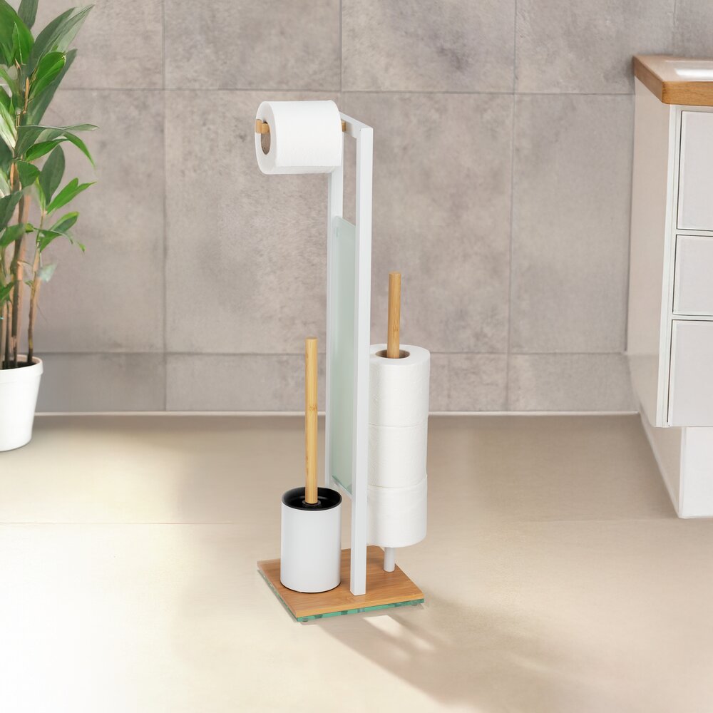 Garniture WC sur pied Mod. Rivalta, bambou/blanc, verre, 18x70x23 cm  avec porte-rouleau de rechange