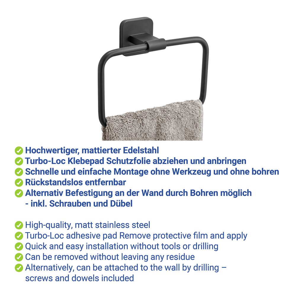 Turbo-Loc® anneau porte-serviettes Mod. Porto Black  montage sans perçage