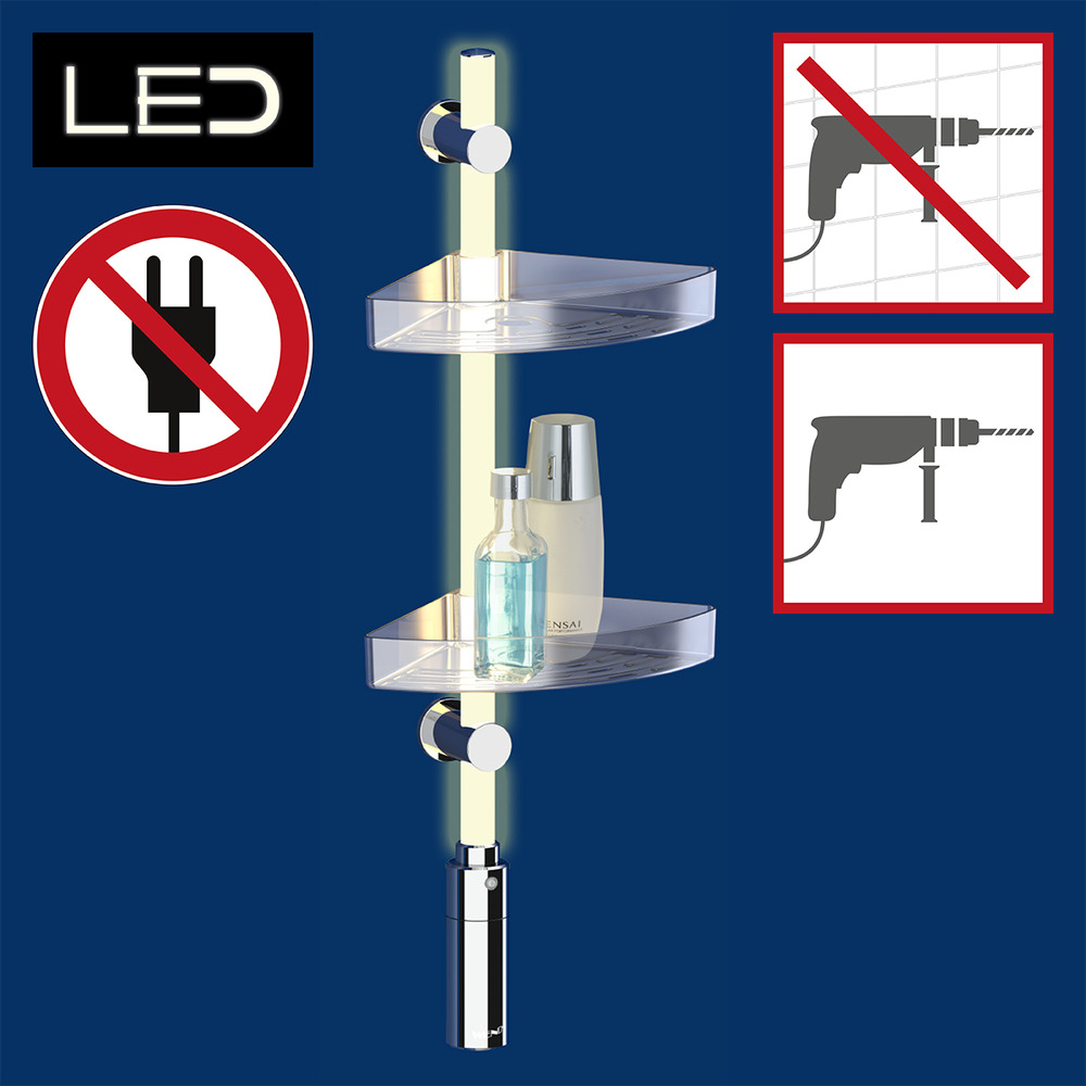 LED Duscheckregal, 74 cm  LED-Duschstange mit Bewegungsmelder und 2 Ablagen