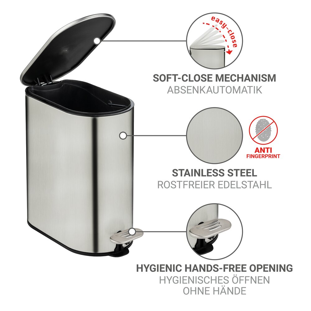 Kosmetikeimer Mod. Collungo, 5L, satiniert, edelstahl, schwarz, Easy-Close  mit easy-close Absenkautomatik