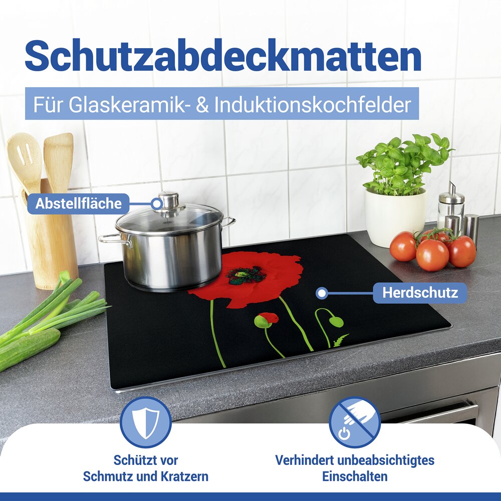 Schutzabdeckmatte Mod. Mohn 60 x 52 cm  hitzebeständige Schutzmatte für Kochfelder