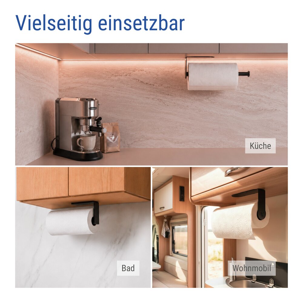 Küchenrollenhalter ohne Bohren, Schwarz  platzsparende Montage unterm Küchenschrank