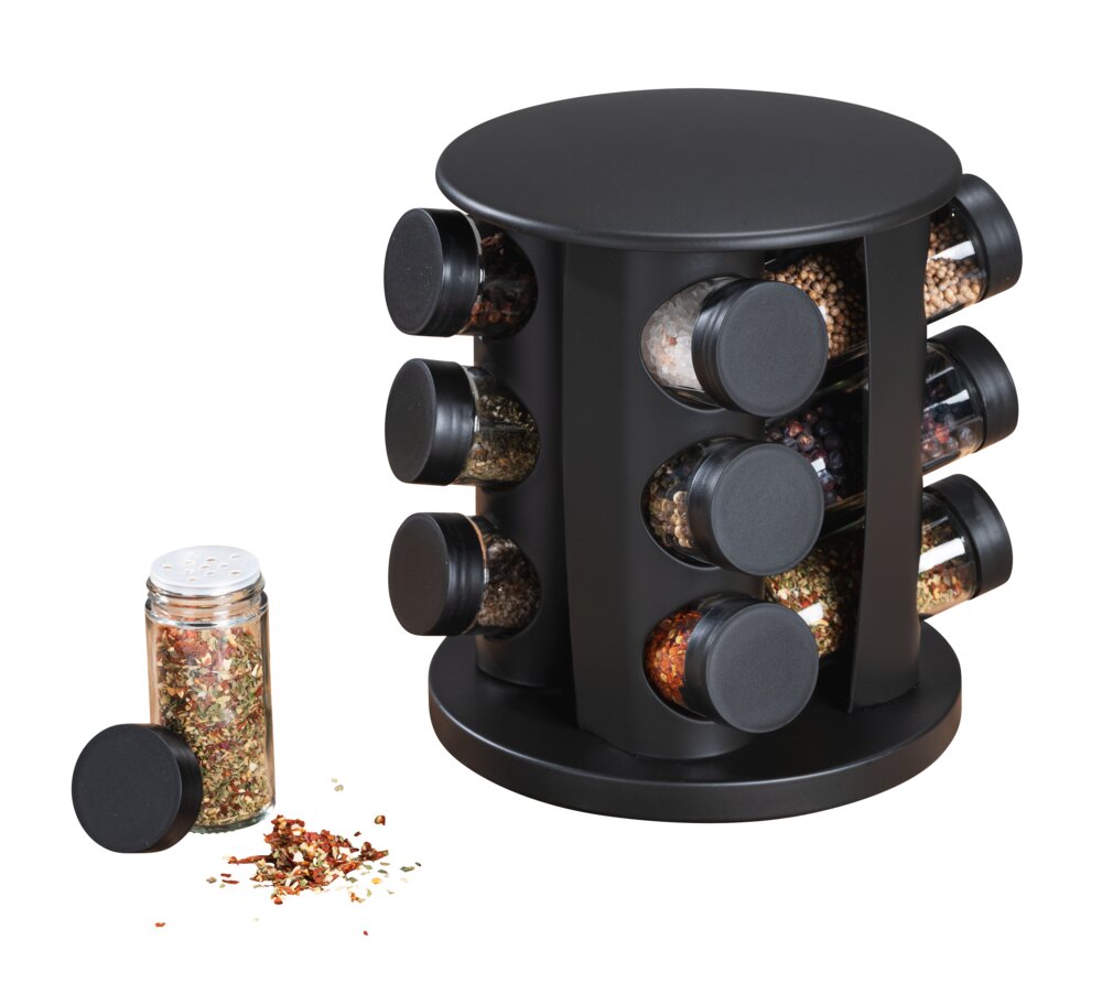 Carrousel à épices Mod. Bruna noir, métal, 13 pcs, 18,5x21,5 cm, pivotant à 360°  autocollants inclus, bocaux en verre