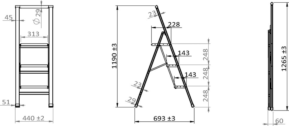 Alu-Design Klapptrittleiter 3-stufig Schwarz  rutschsichere XXL-Stufen