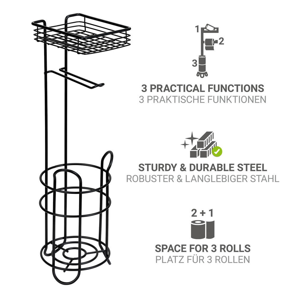 Toilettenpapierhalter mit Ablage und Ersatzrollenhalter in Schwarz  mit Ablage