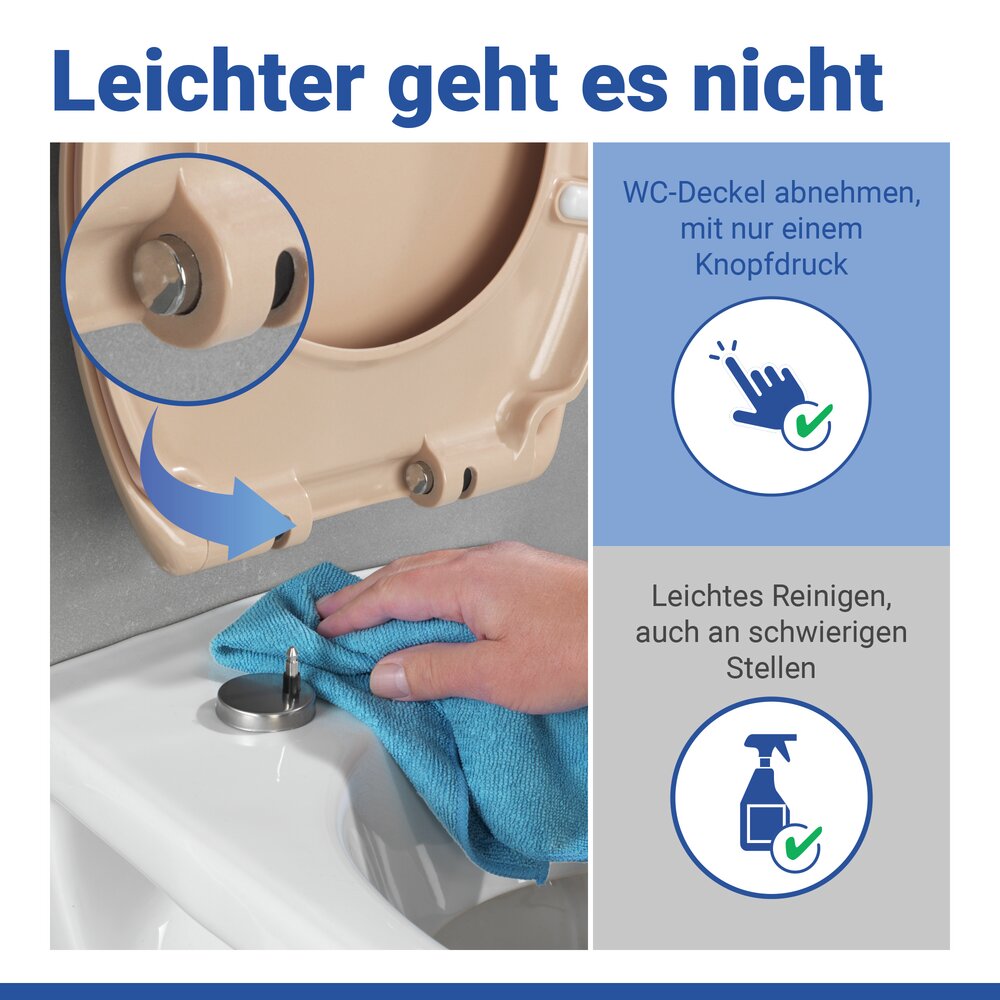 Abattant WC Premium Ottana beige Easy-Close  abaissement automatique, fixation Fix-Clip hygiénique en acier inox, antibactérien