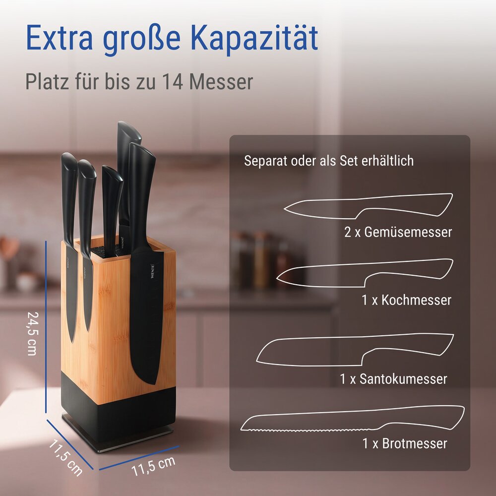 Bloc à couteaux magnétique XL en bambou avec 5 couteaux  porte-couteau rotatif à 360°