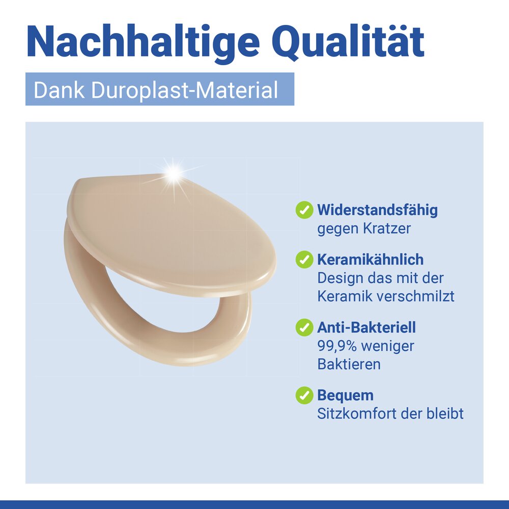 Abattant WC Premium Ottana beige Easy-Close  abaissement automatique, fixation Fix-Clip hygiénique en acier inox, antibactérien