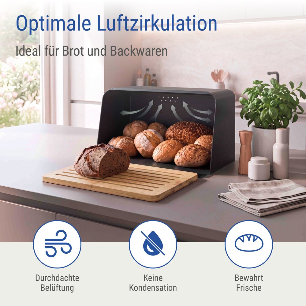 Brotkasten mit Schneidebrett Mod. Kubo, Schwarz  mit Bambusdeckel und Belüftungslöchern