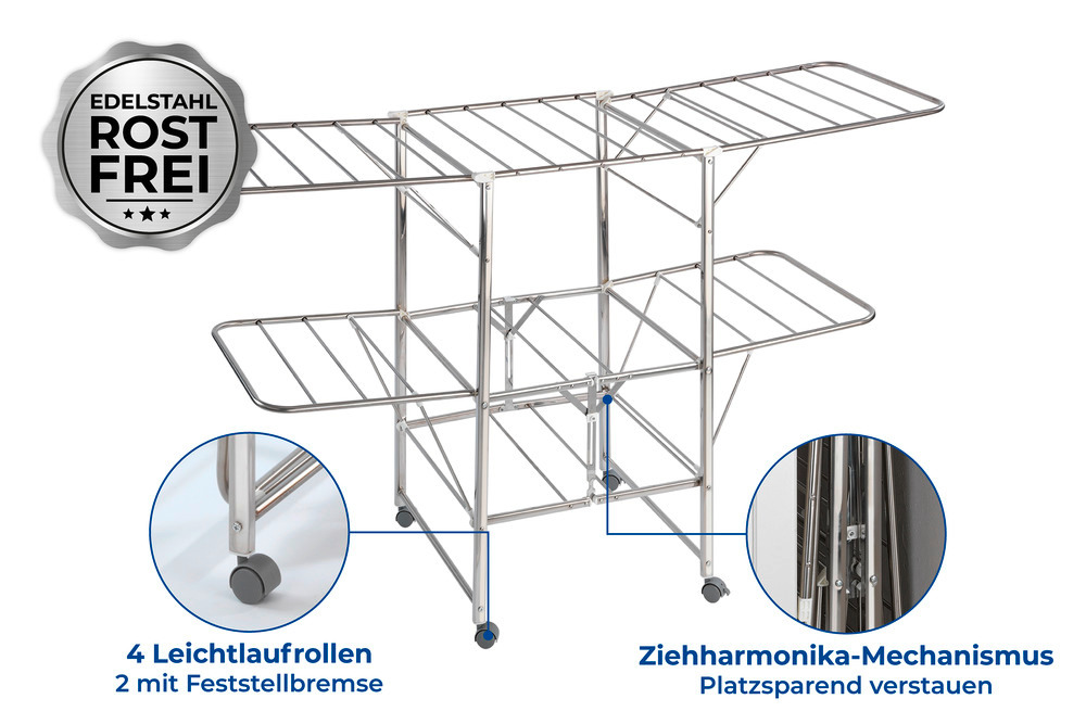 Wäschetrockner Edelstahl Mod. Mobil  mobiler Wäscheständer mit Leichtlaufrollen und Feststellbremsen