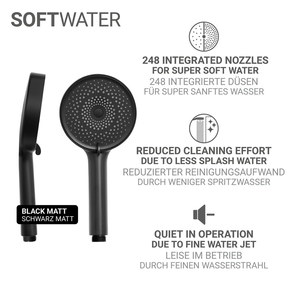 Duschkopf Mod. Softwater Ø12 cm, schwarz, ABS-Kunststoff  3 Strahlarten für Wellness-Dusche