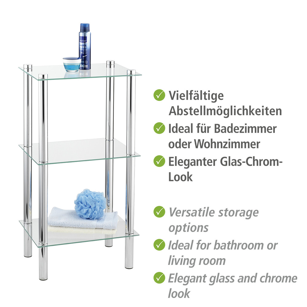 Regal Mod. Yago viereckig mit 3 Glasablagen  aus Edelstahl und Sicherheitsglas