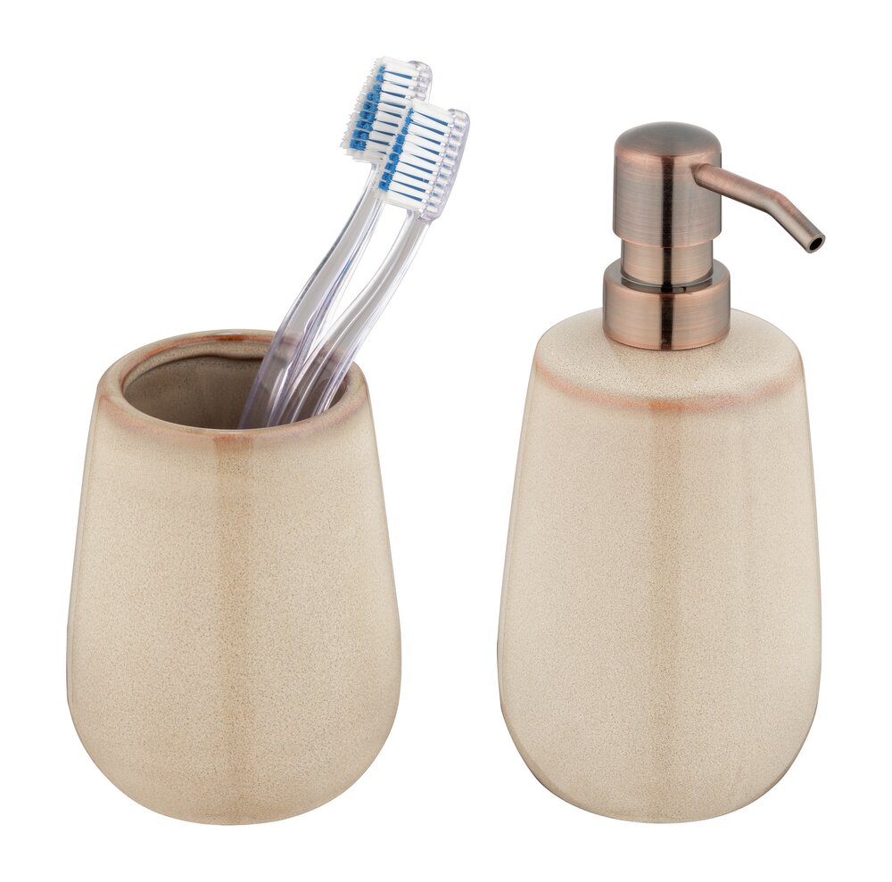 Bad-Accessoire Set Mod. Sirmione, beige, Keramik, 2-teilig  freistehend, kupferfarbene Details