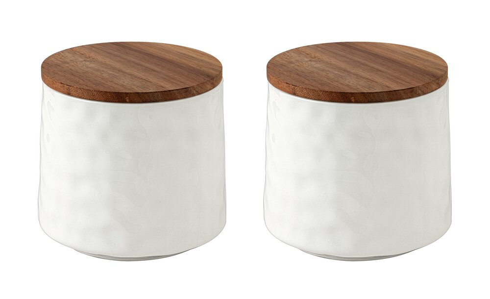 Boîte de rangement Mod. Adelle, blanc, céramique, Ø11x10 cm, lot de 2  avec couvercle en bois d'acacia