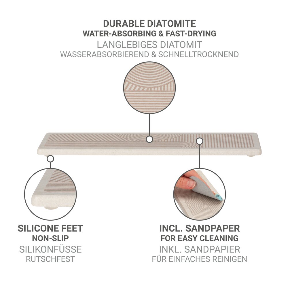 Abtropfplatte Mod. Damon, beige, Diatomeenerde, 30x8 cm  inklusive Silikonfüße und Schleifpapier