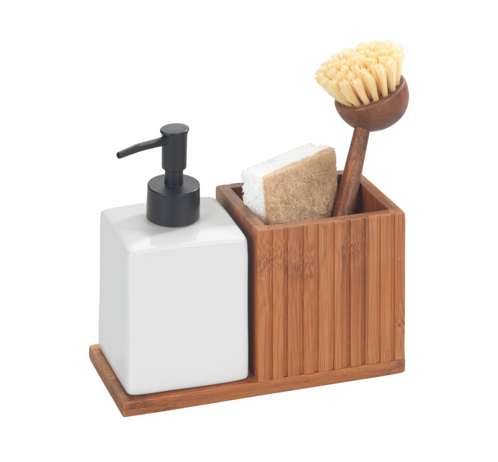 Spülmittelspender mit Utensilienhalter Mod. Mera  aus geräuchertem Bambus